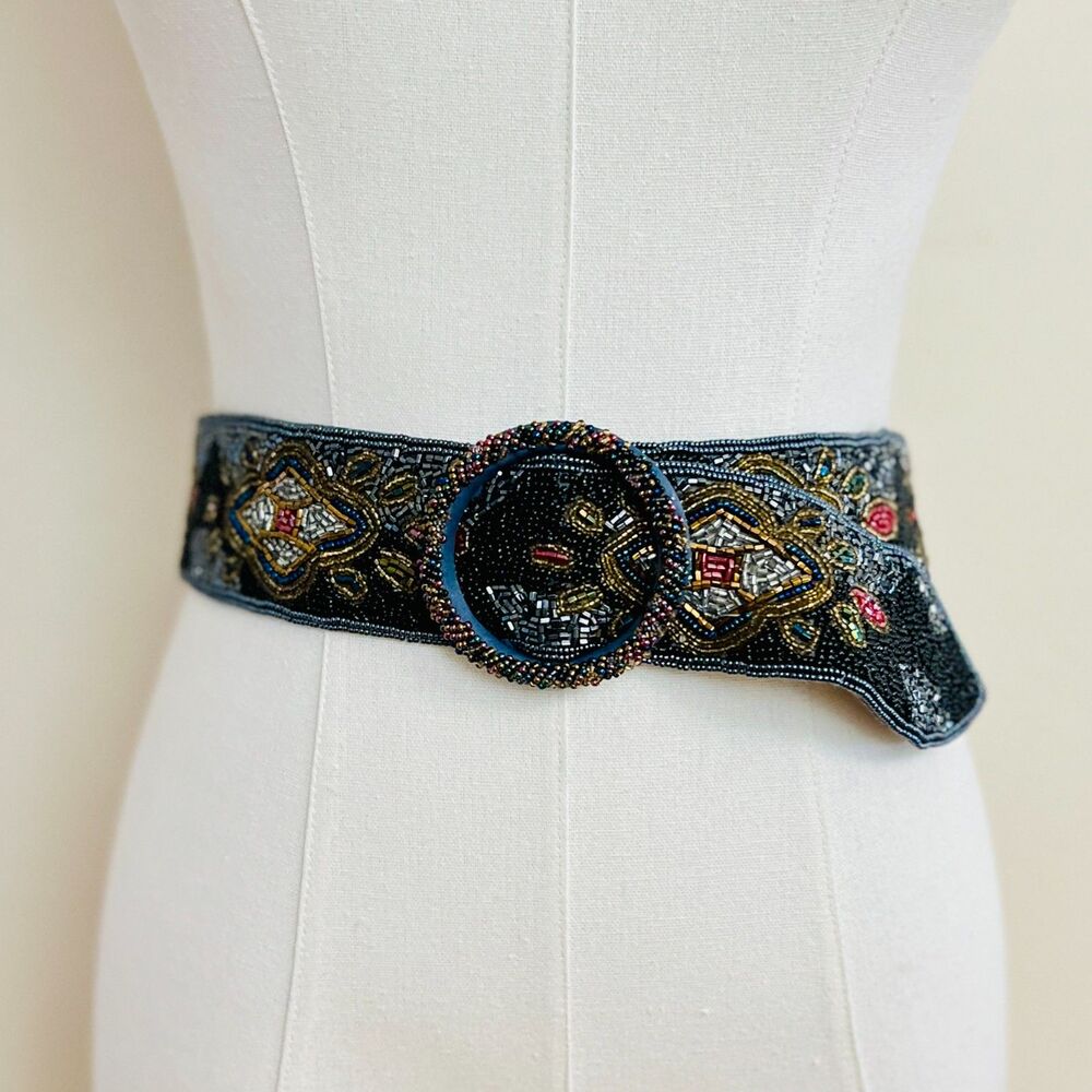 Vintage 80s Art Deco Beaded Dark Gothic Floral Statement Belt Fits Modern Size S